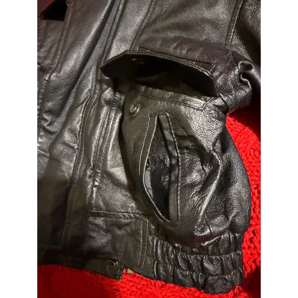 Phase 2 Kids Black Genuine Leather Bomber Jacket Vintage 1980's